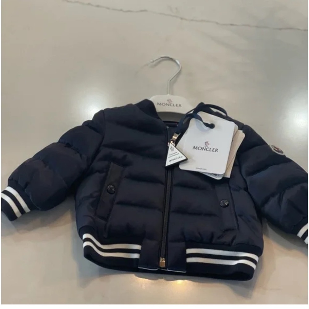 Moncler  AUTHENTIC! Dark Blue Jacket with White Stripes. Nwt and barcode! 3-6 m